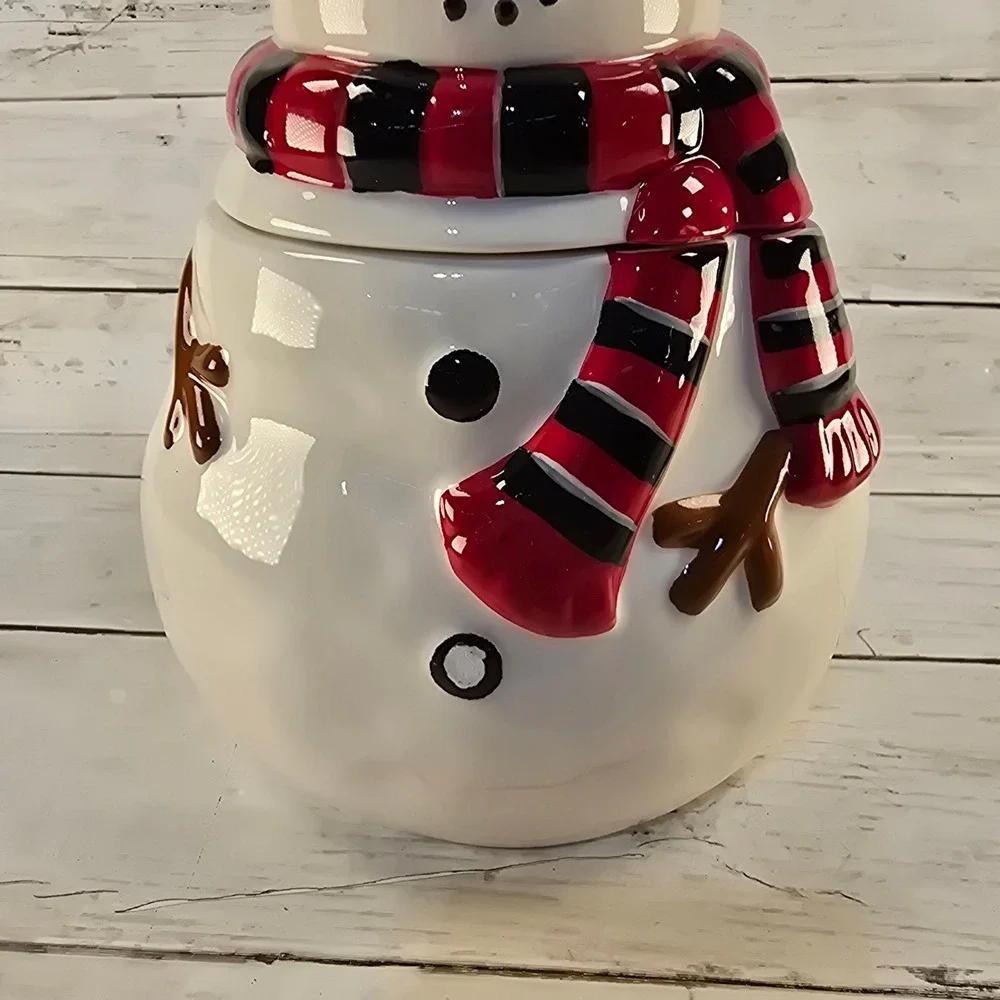 Pier 1 Imports Snowman Cookie Jar Hand Painted Dolomite Red Black Scarf 9.5in